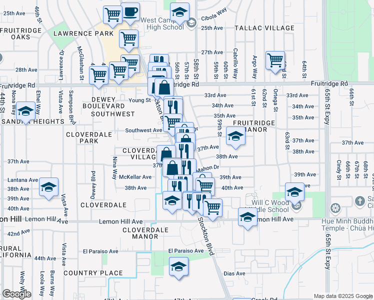 map of restaurants, bars, coffee shops, grocery stores, and more near 5885 Stockton Boulevard in Sacramento
