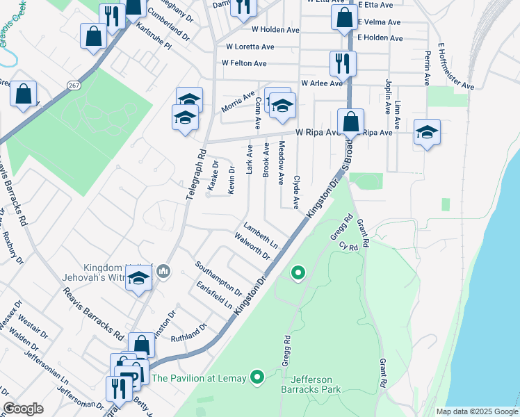 map of restaurants, bars, coffee shops, grocery stores, and more near 323 Lambeth Lane in St. Louis
