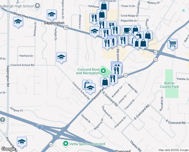 map of restaurants, bars, coffee shops, grocery stores, and more near 10049 Meadowfield Lane in Sappington