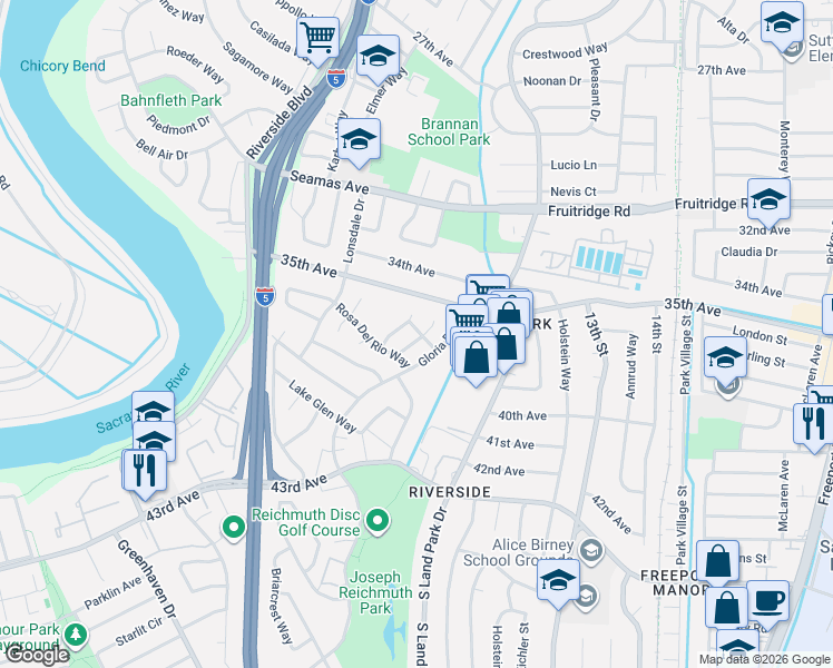 map of restaurants, bars, coffee shops, grocery stores, and more near 1164 Rosa Del Rio Way in Sacramento