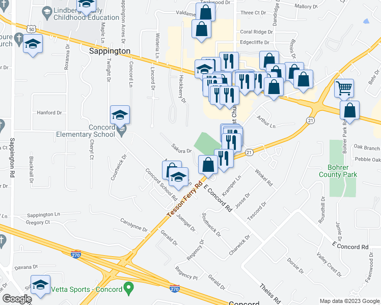 map of restaurants, bars, coffee shops, grocery stores, and more near 10043 Sakura Drive in St. Louis
