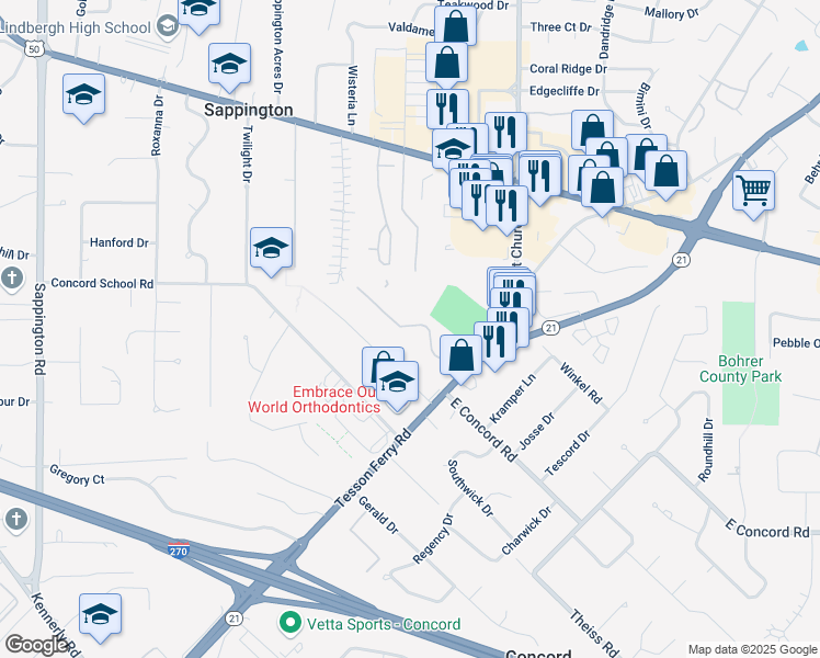 map of restaurants, bars, coffee shops, grocery stores, and more near 10049 Meadowfield Lane in Sappington