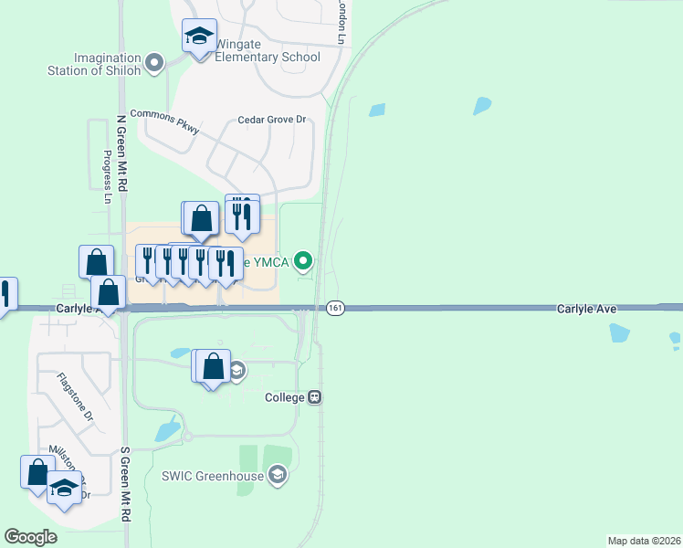 map of restaurants, bars, coffee shops, grocery stores, and more near 2800 Shan Drive in Belleville