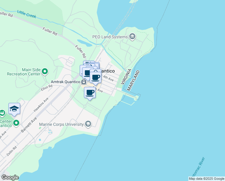 map of restaurants, bars, coffee shops, grocery stores, and more near 204 Potomac Avenue in Quantico
