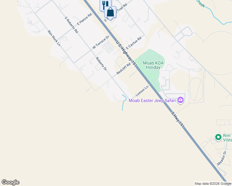 map of restaurants, bars, coffee shops, grocery stores, and more near 3453 Lemon Lane in Moab