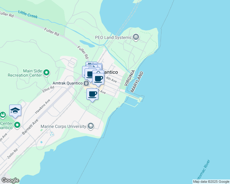 map of restaurants, bars, coffee shops, grocery stores, and more near 204 Potomac Avenue in Quantico