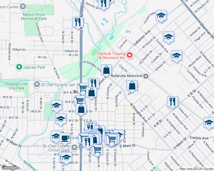 map of restaurants, bars, coffee shops, grocery stores, and more near 258 Lebanon Avenue in Belleville