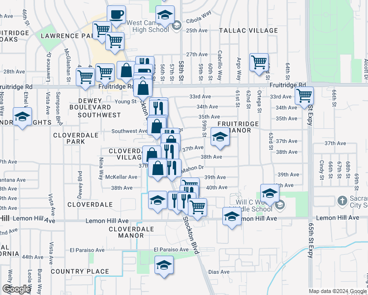 map of restaurants, bars, coffee shops, grocery stores, and more near 5501 37th Avenue in Sacramento