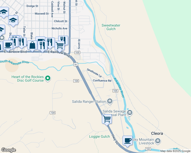 map of restaurants, bars, coffee shops, grocery stores, and more near 12993 Paradise Road in Salida