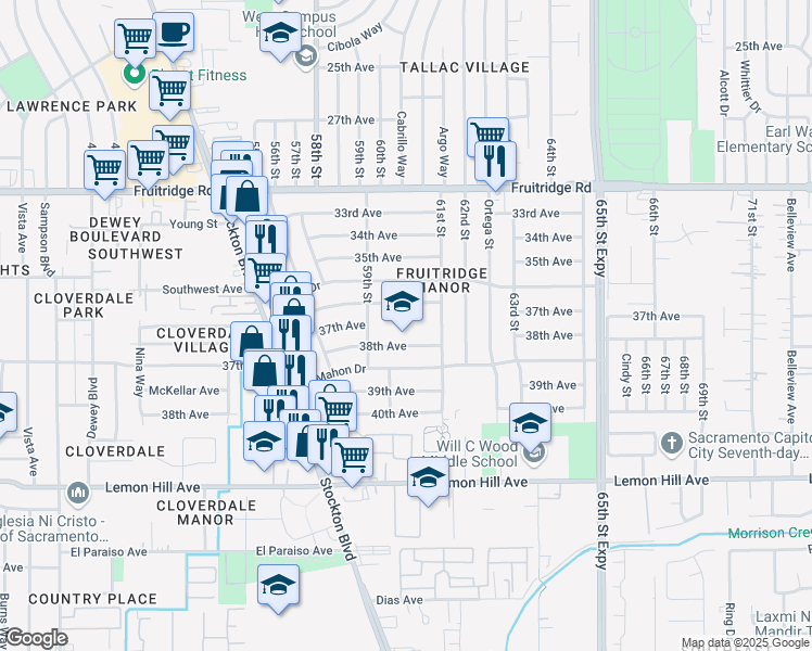 map of restaurants, bars, coffee shops, grocery stores, and more near 6031 36th Avenue in Sacramento