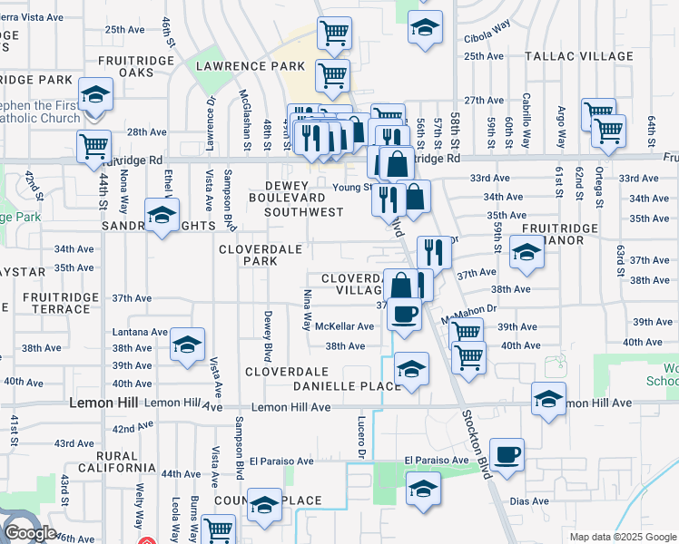 map of restaurants, bars, coffee shops, grocery stores, and more near 5216 Southwest Avenue in Sacramento