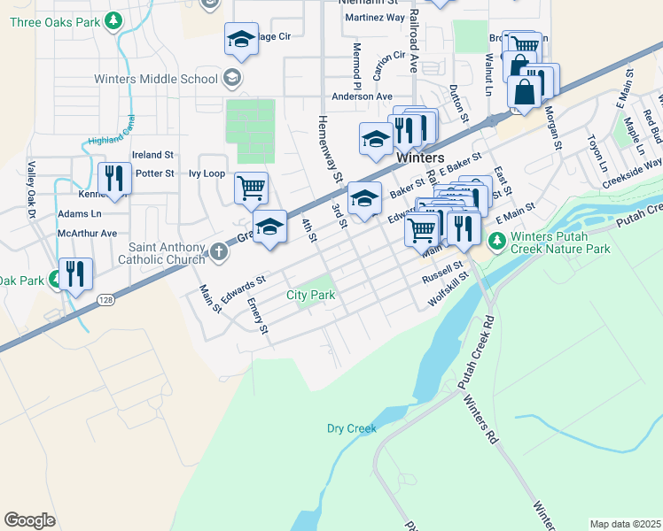 map of restaurants, bars, coffee shops, grocery stores, and more near in Winters