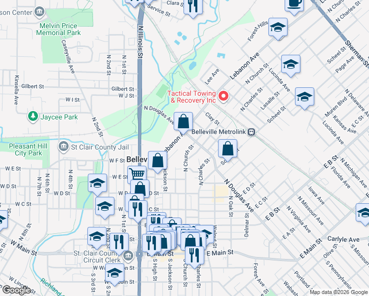 map of restaurants, bars, coffee shops, grocery stores, and more near 258 Lebanon Avenue in Belleville