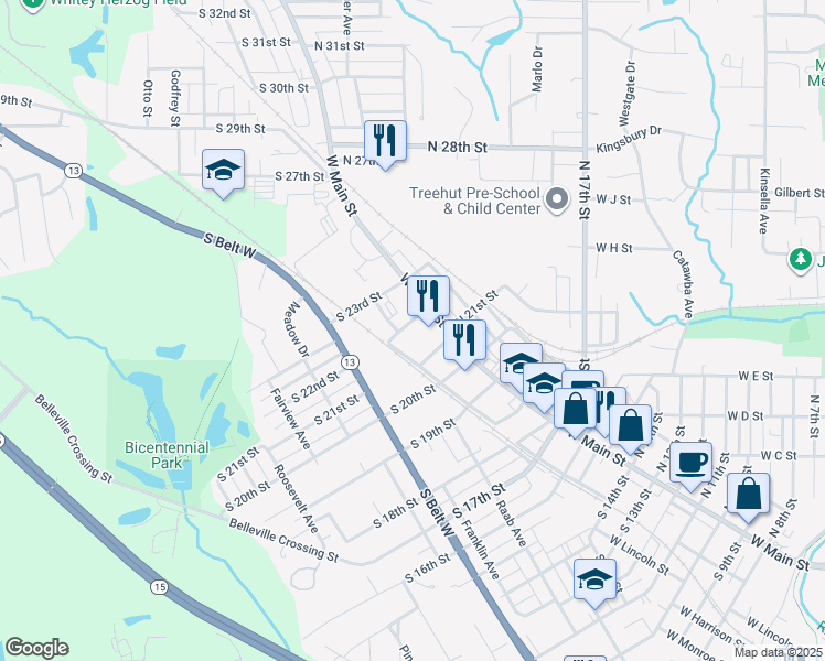 map of restaurants, bars, coffee shops, grocery stores, and more near 2210 West Main Street in Belleville