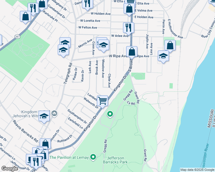 map of restaurants, bars, coffee shops, grocery stores, and more near 9981 Clyde Avenue in St. Louis