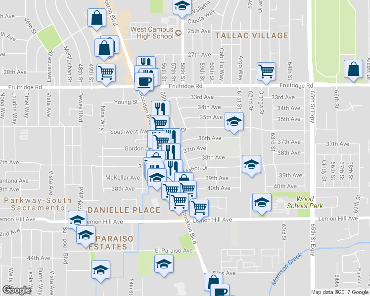 map of restaurants, bars, coffee shops, grocery stores, and more near 5501 37th Avenue in Sacramento