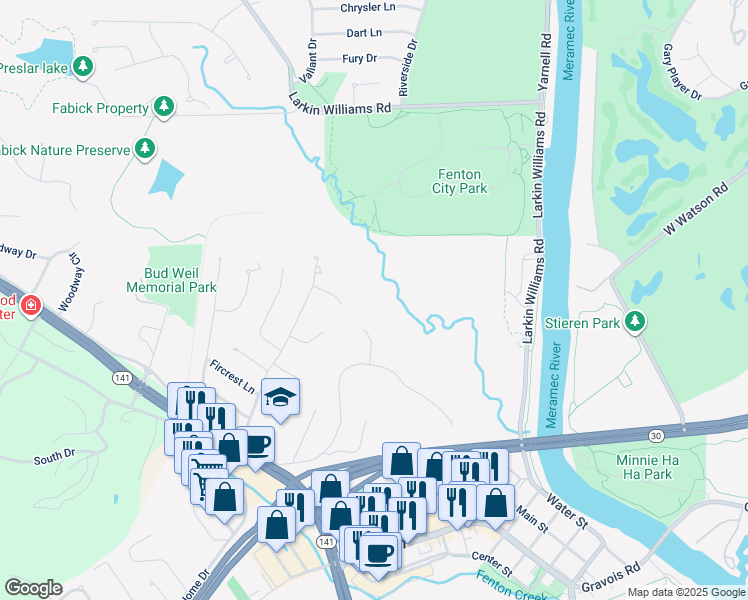 map of restaurants, bars, coffee shops, grocery stores, and more near 425 Autumn Parc Court in Fenton