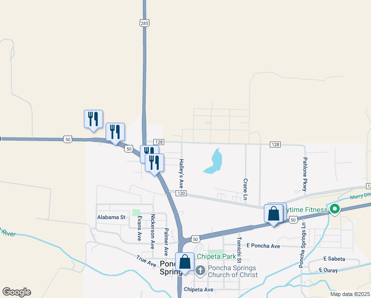 map of restaurants, bars, coffee shops, grocery stores, and more near 10810 County Road 128 in Salida