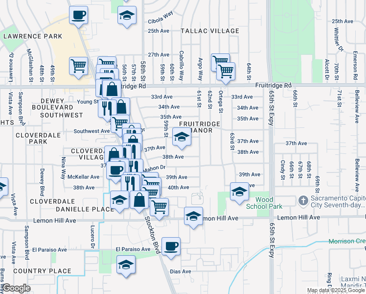 map of restaurants, bars, coffee shops, grocery stores, and more near 6032 36th Avenue in Sacramento