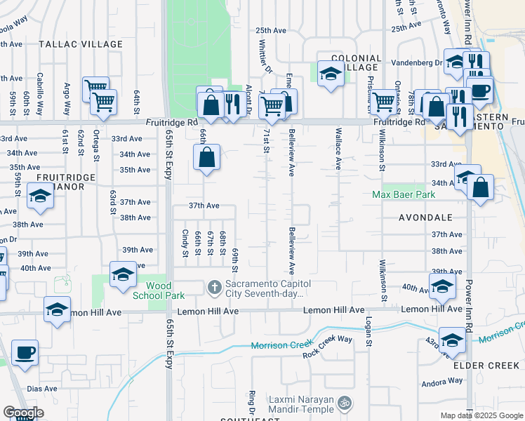 map of restaurants, bars, coffee shops, grocery stores, and more near 7081 Dylan Avenue in Sacramento