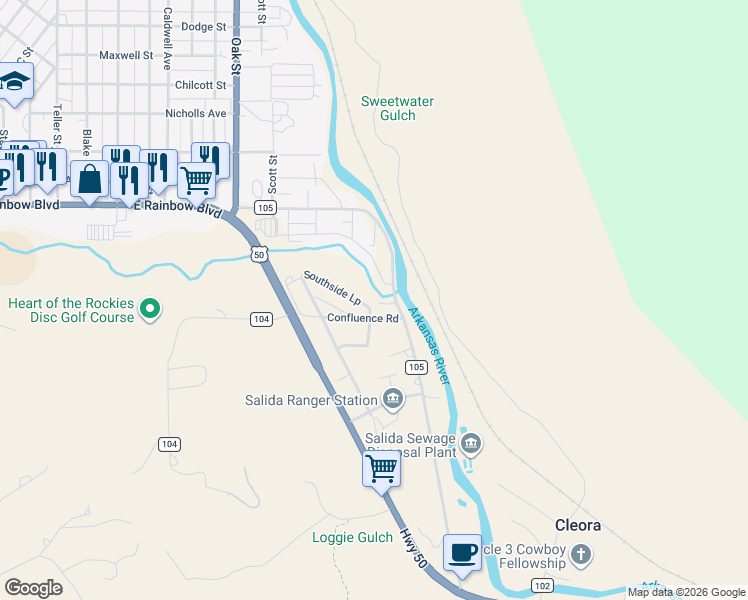 map of restaurants, bars, coffee shops, grocery stores, and more near 7193 County Road 105 in Salida