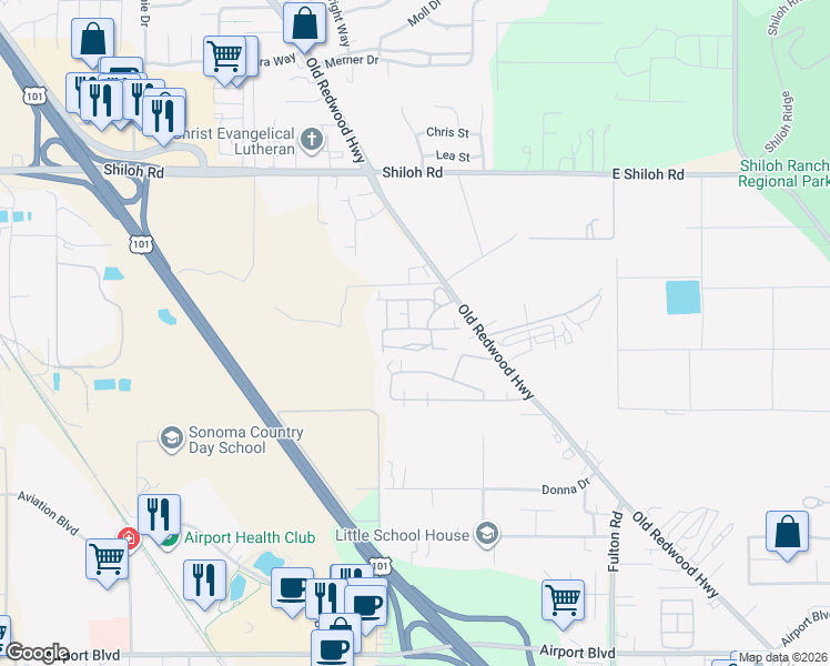 map of restaurants, bars, coffee shops, grocery stores, and more near 5765 Lois Avenue in Santa Rosa