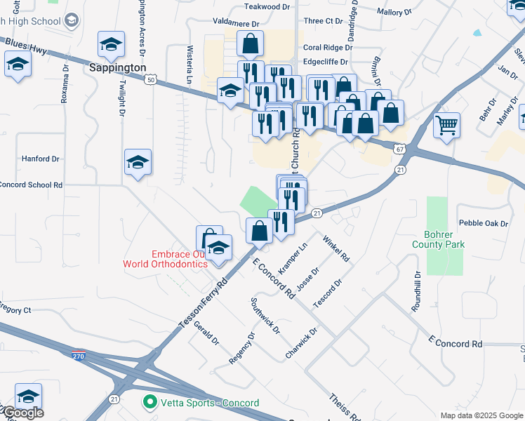 map of restaurants, bars, coffee shops, grocery stores, and more near 11801 Tesson Ferry Road in St. Louis
