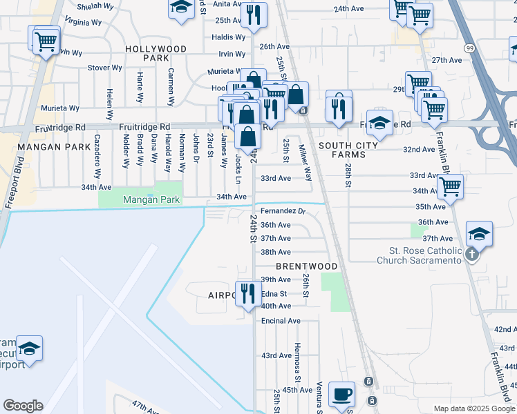 map of restaurants, bars, coffee shops, grocery stores, and more near 5725 24th Street in Sacramento