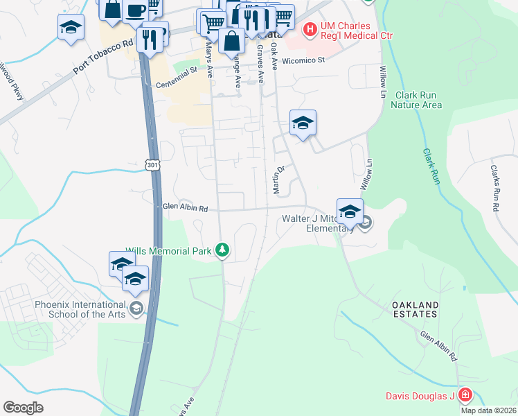 map of restaurants, bars, coffee shops, grocery stores, and more near 450 Patuxent Court in La Plata