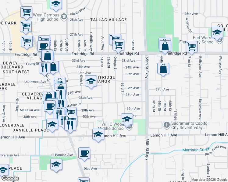 map of restaurants, bars, coffee shops, grocery stores, and more near 5805 62nd Street in Sacramento