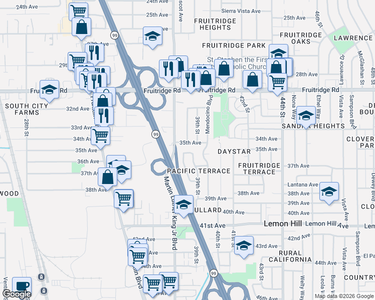 map of restaurants, bars, coffee shops, grocery stores, and more near 5754 Mascot Avenue in Sacramento
