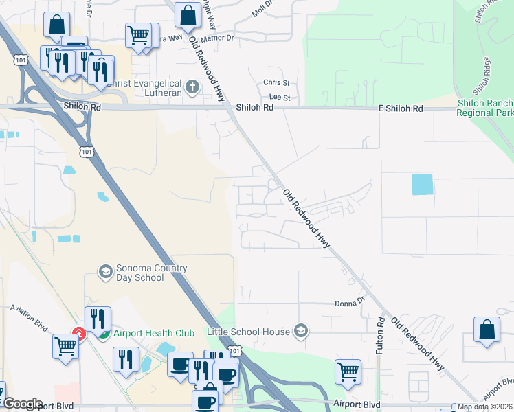 map of restaurants, bars, coffee shops, grocery stores, and more near 5765 Lois Avenue in Santa Rosa