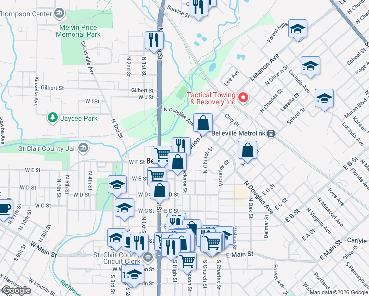 map of restaurants, bars, coffee shops, grocery stores, and more near 241 Lebanon Avenue in Belleville