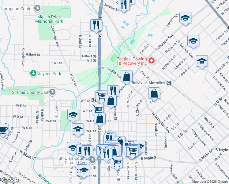 map of restaurants, bars, coffee shops, grocery stores, and more near 241 Lebanon Avenue in Belleville