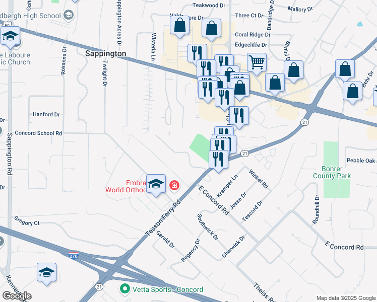 map of restaurants, bars, coffee shops, grocery stores, and more near 11801 Tesson Ferry Road in St. Louis