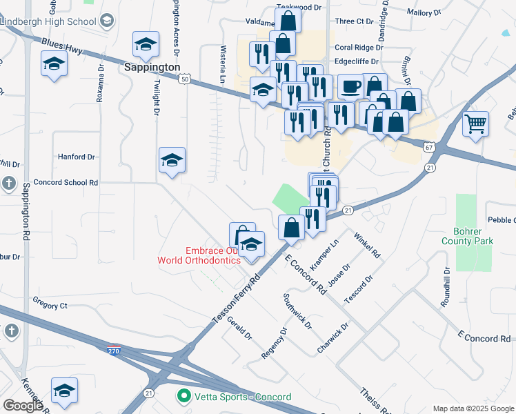 map of restaurants, bars, coffee shops, grocery stores, and more near 10175 Sakura Drive in St. Louis