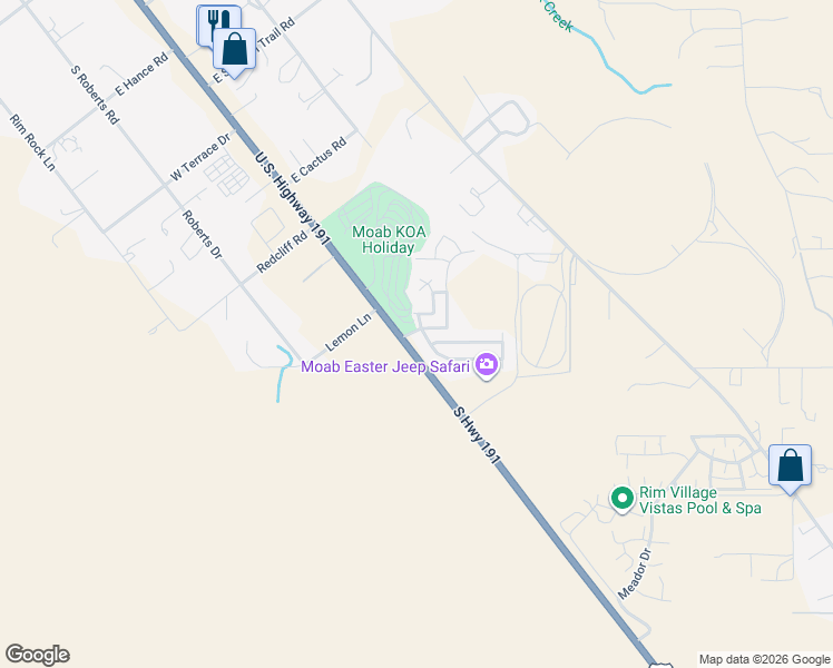 map of restaurants, bars, coffee shops, grocery stores, and more near 3418 Tierra del Sol Drive in Moab