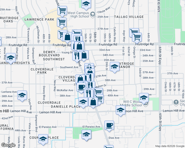 map of restaurants, bars, coffee shops, grocery stores, and more near 5525 36th Avenue in Sacramento