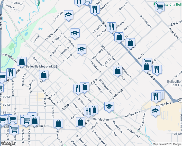 map of restaurants, bars, coffee shops, grocery stores, and more near 307 North Michigan Avenue in Belleville