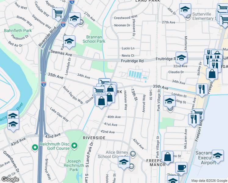 map of restaurants, bars, coffee shops, grocery stores, and more near 5741 South Land Park Drive in Sacramento