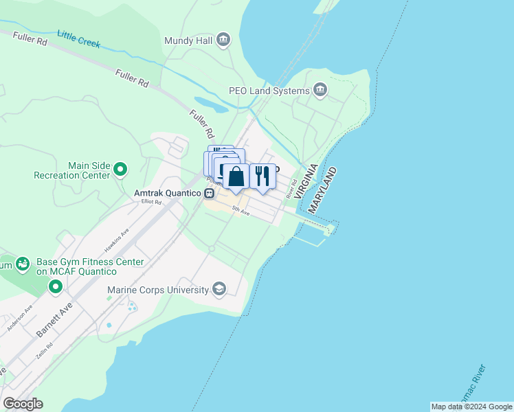 map of restaurants, bars, coffee shops, grocery stores, and more near 232 Potomac Avenue in Quantico