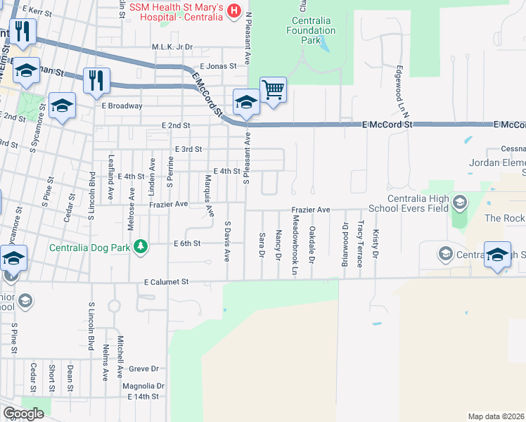map of restaurants, bars, coffee shops, grocery stores, and more near 513 Sara Drive in Centralia