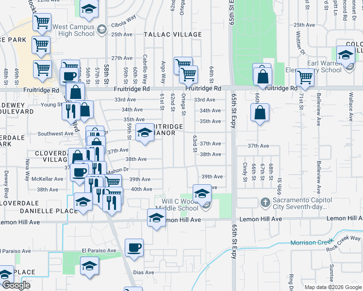 map of restaurants, bars, coffee shops, grocery stores, and more near 5805 62nd Street in Sacramento