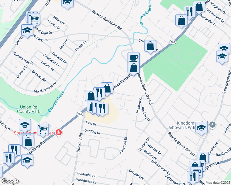 map of restaurants, bars, coffee shops, grocery stores, and more near 1287 Garden Circle Drive in St. Louis