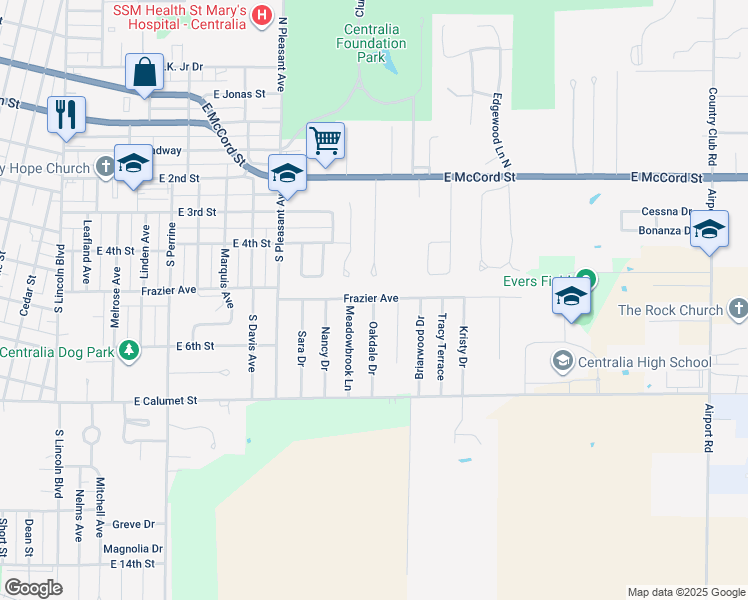 map of restaurants, bars, coffee shops, grocery stores, and more near 645 Oakdale Dr in Centralia