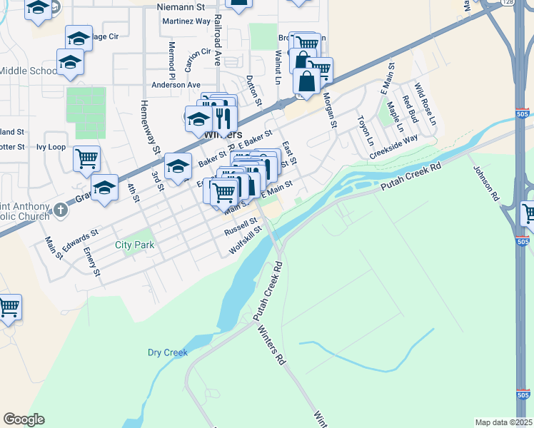 map of restaurants, bars, coffee shops, grocery stores, and more near 201 Railroad Avenue in Winters