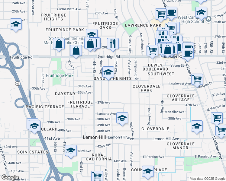 map of restaurants, bars, coffee shops, grocery stores, and more near 5717 Laurine Way in Sacramento