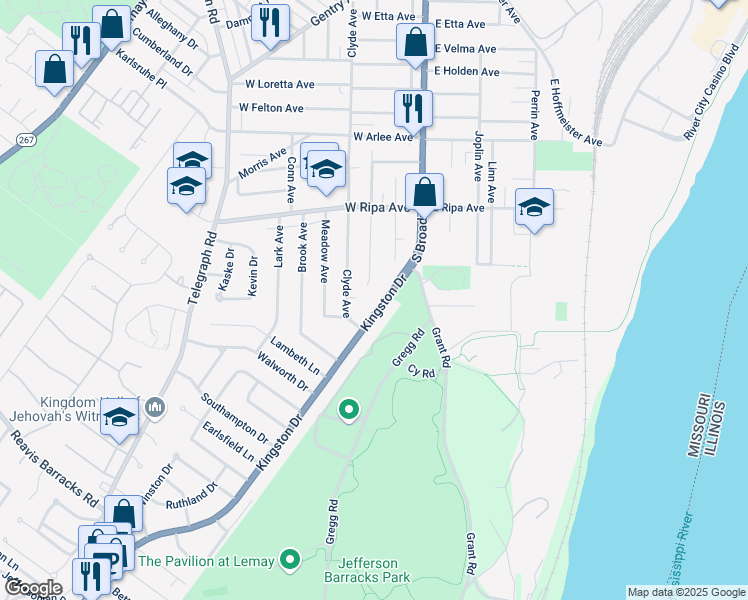 map of restaurants, bars, coffee shops, grocery stores, and more near 143 Kingston Drive in Saint Louis