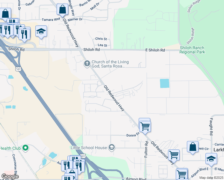 map of restaurants, bars, coffee shops, grocery stores, and more near 5720 Old Redwood Highway in Santa Rosa