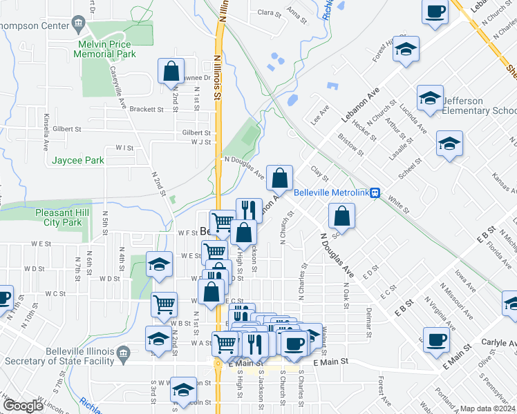 map of restaurants, bars, coffee shops, grocery stores, and more near 241 Lebanon Avenue in Belleville
